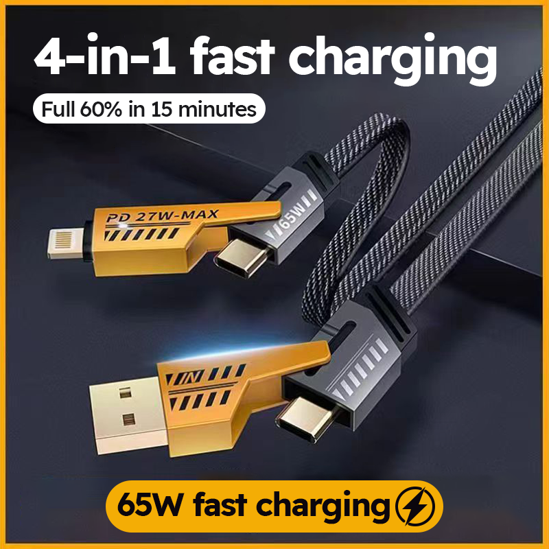 4 in 1 USB C Fast Charging Cable with 60W PD, Data Transfer, Type C, Micro USB and IOS Light-ning Compatibility, 1 Meter