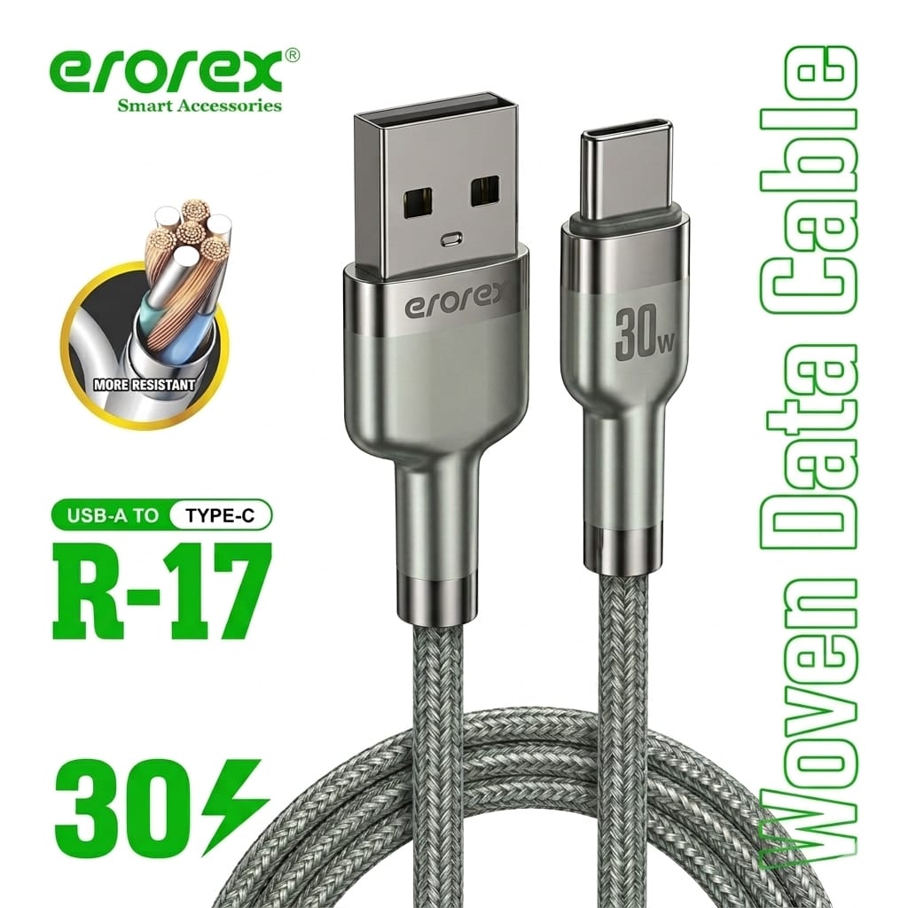 erorex R-17 30W Fast Charging USB-A to Type-C Woven Data Cable– High-Speed Data Sync & Durable Braided Charging Cord